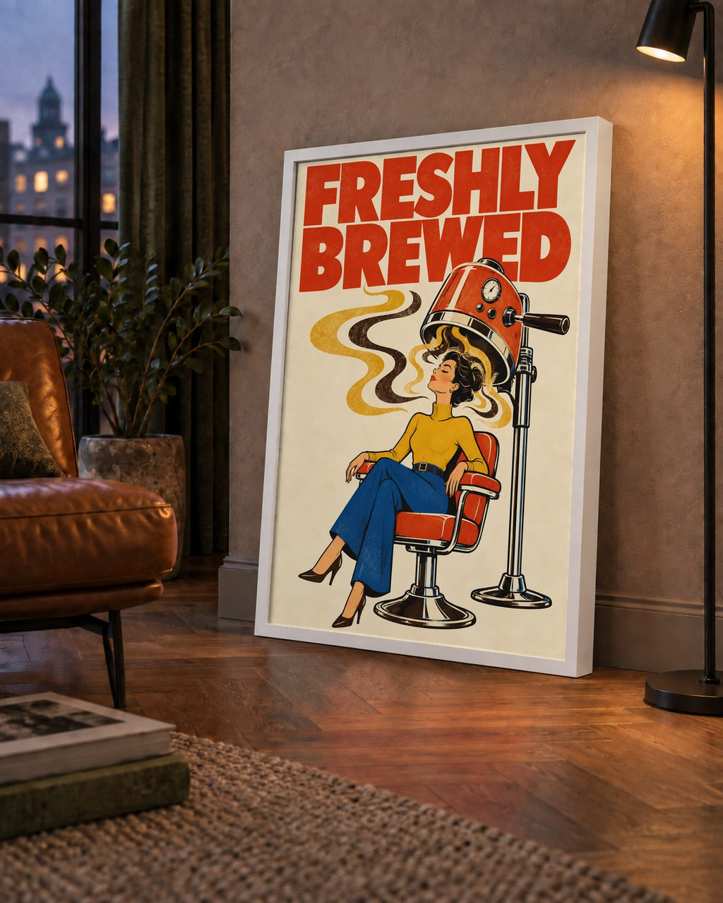 Freshly Brewed Retro Kahve Tipografi Poster — çerçeveli hâliyle bir ev duvarında