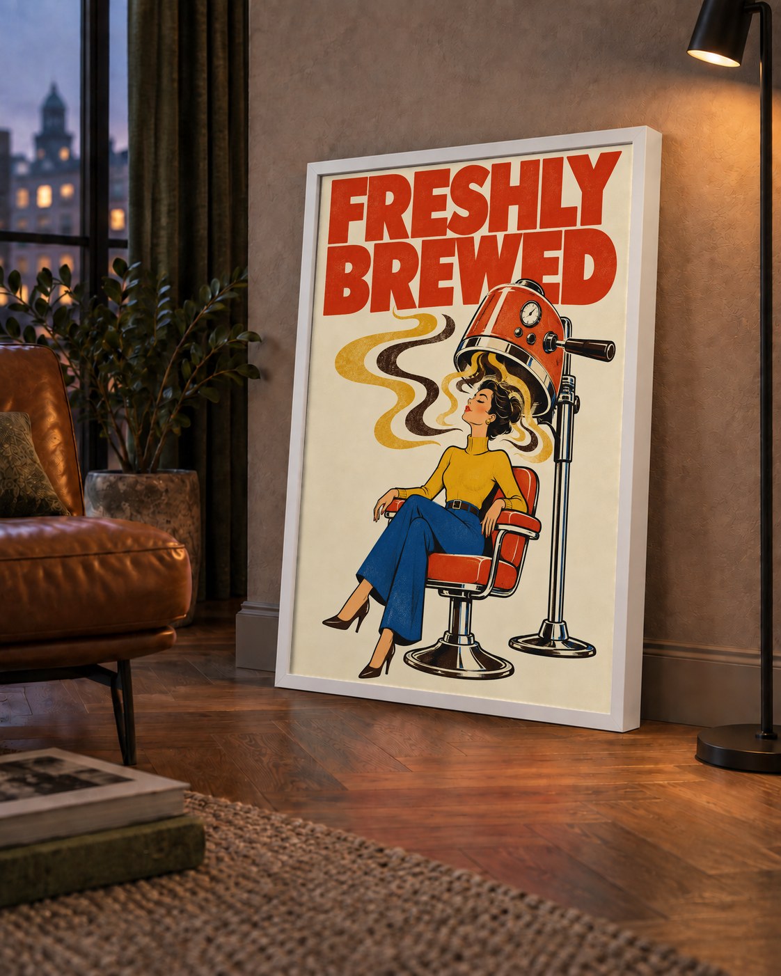 Freshly Brewed Retro Kahve Tipografi Poster — çerçeveli hâliyle bir ev duvarında