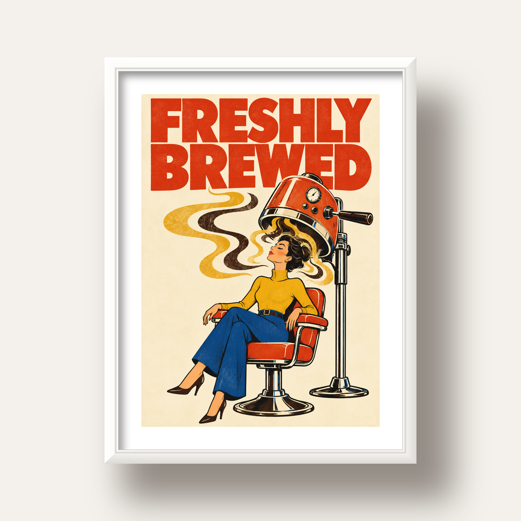 Freshly Brewed Retro Kahve Tipografi Poster — beyaz derin çerçeveli paspartulu