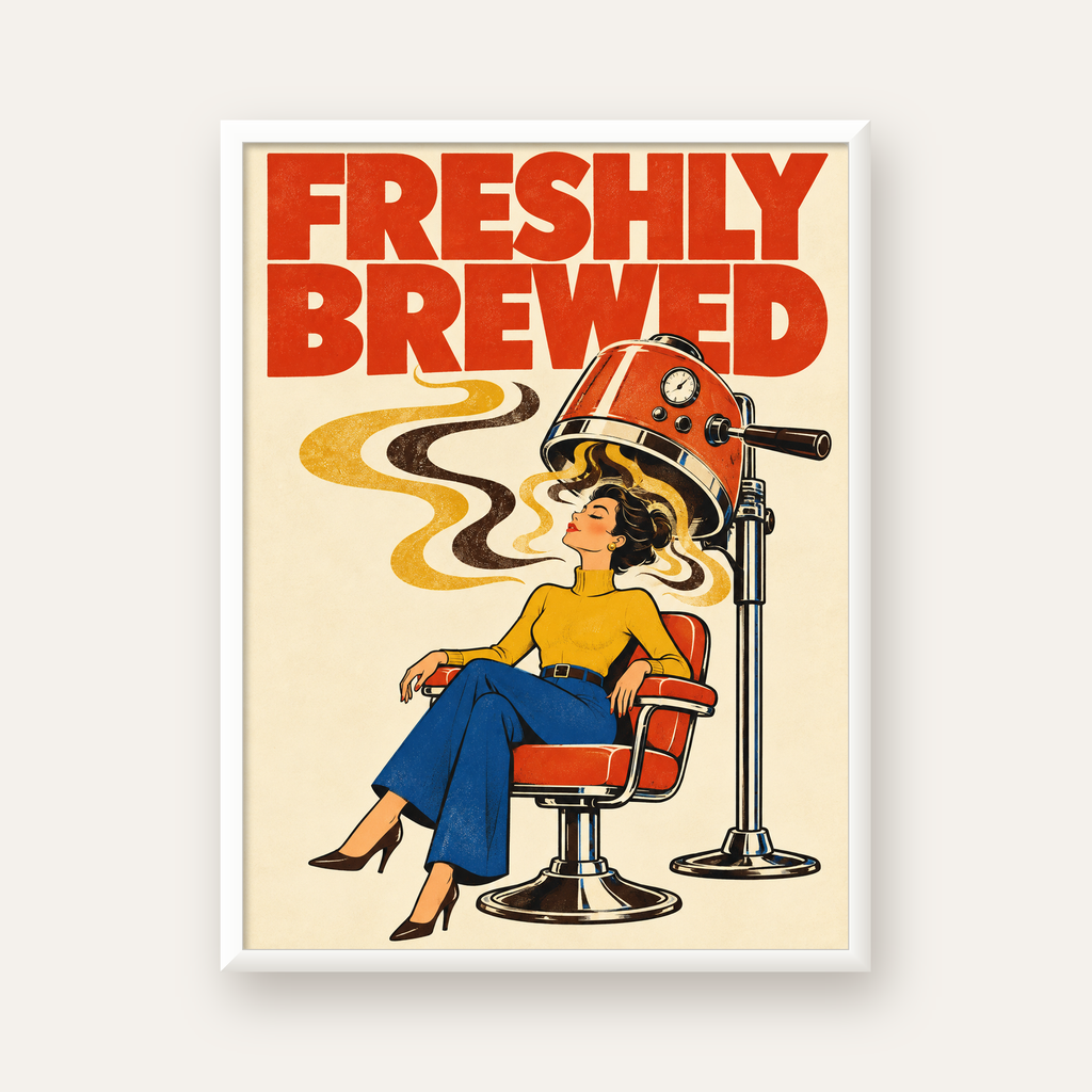 Freshly Brewed Retro Kahve Tipografi Poster — beyaz çerçeveli dikey poster