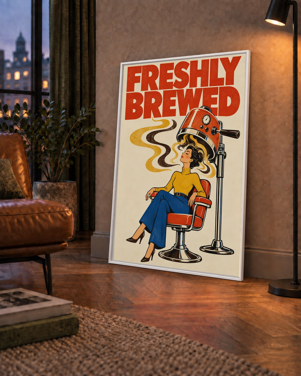 Freshly Brewed Retro Kahve Tipografi Poster — çerçeveli hâliyle bir ev duvarında
