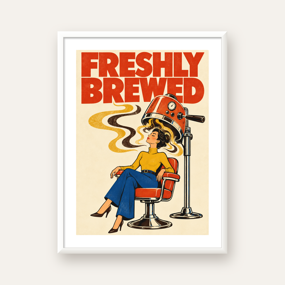 Freshly Brewed Retro Kahve Tipografi Poster — beyaz çerçeveli dikey poster