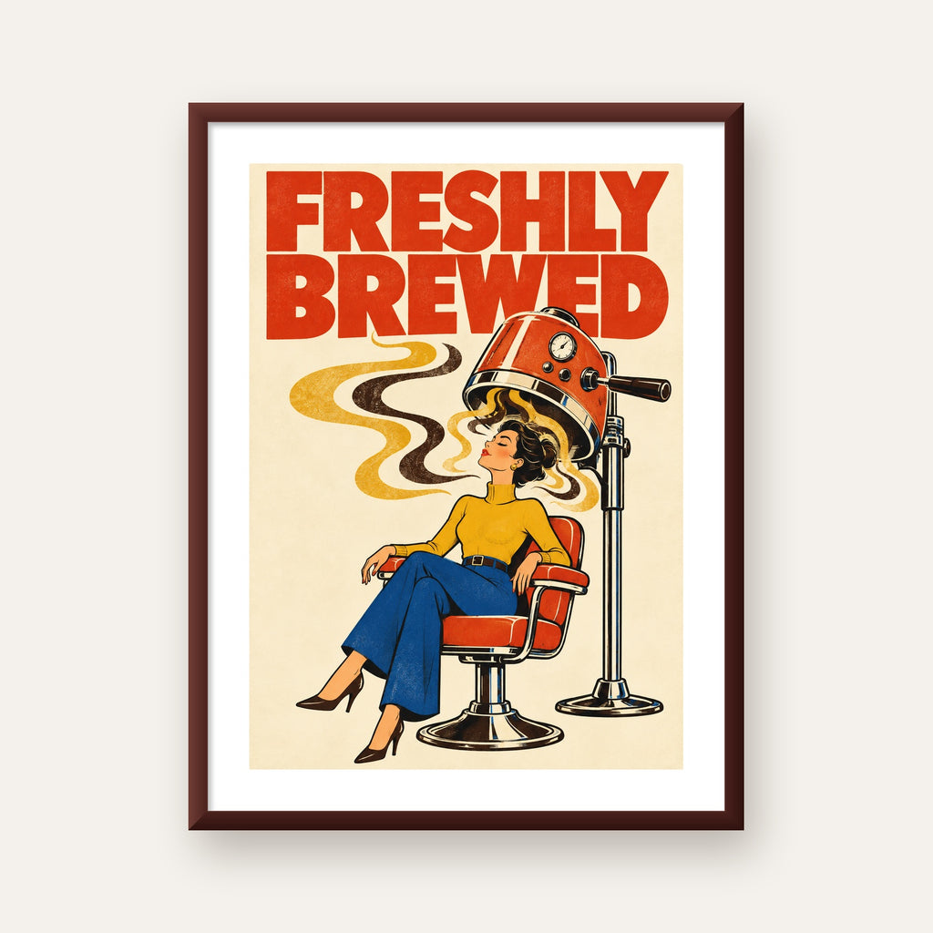 Freshly Brewed Retro Kahve Tipografi Poster — ceviz çerçeveli paspartulu