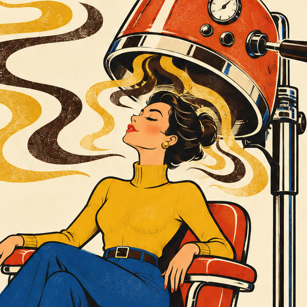 Retro Berber Koltuğu ve Kahve Temalı Poster – Freshly Brewed — baskının yakın çekimi, kâğıt dokusu ve renk detayı