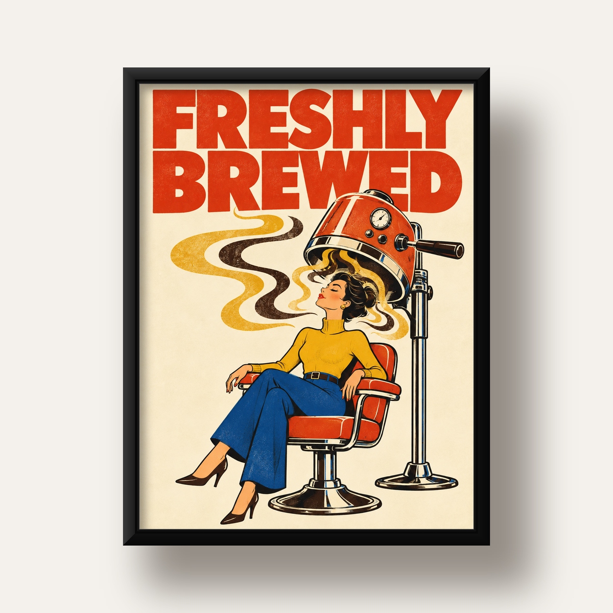 Freshly Brewed Retro Kahve Tipografi Poster — siyah derin çerçeveli
