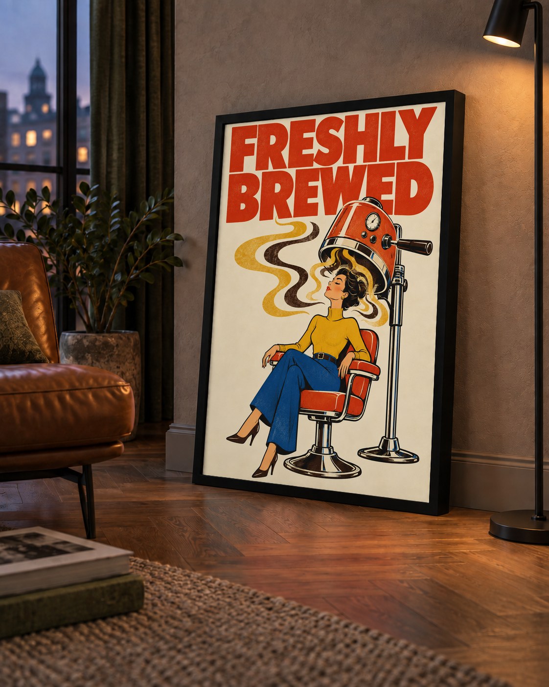 Freshly Brewed Retro Kahve Tipografi Poster — çerçeveli hâliyle bir ev duvarında