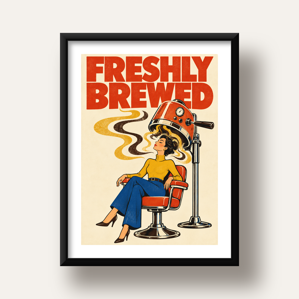 Freshly Brewed Retro Kahve Tipografi Poster — siyah derin çerçeveli paspartulu