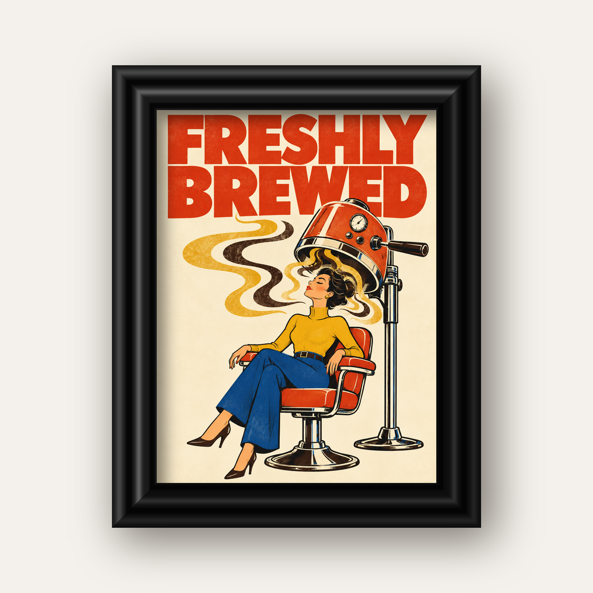 Freshly Brewed Retro Kahve Tipografi Poster — siyah galeri çerçeveli