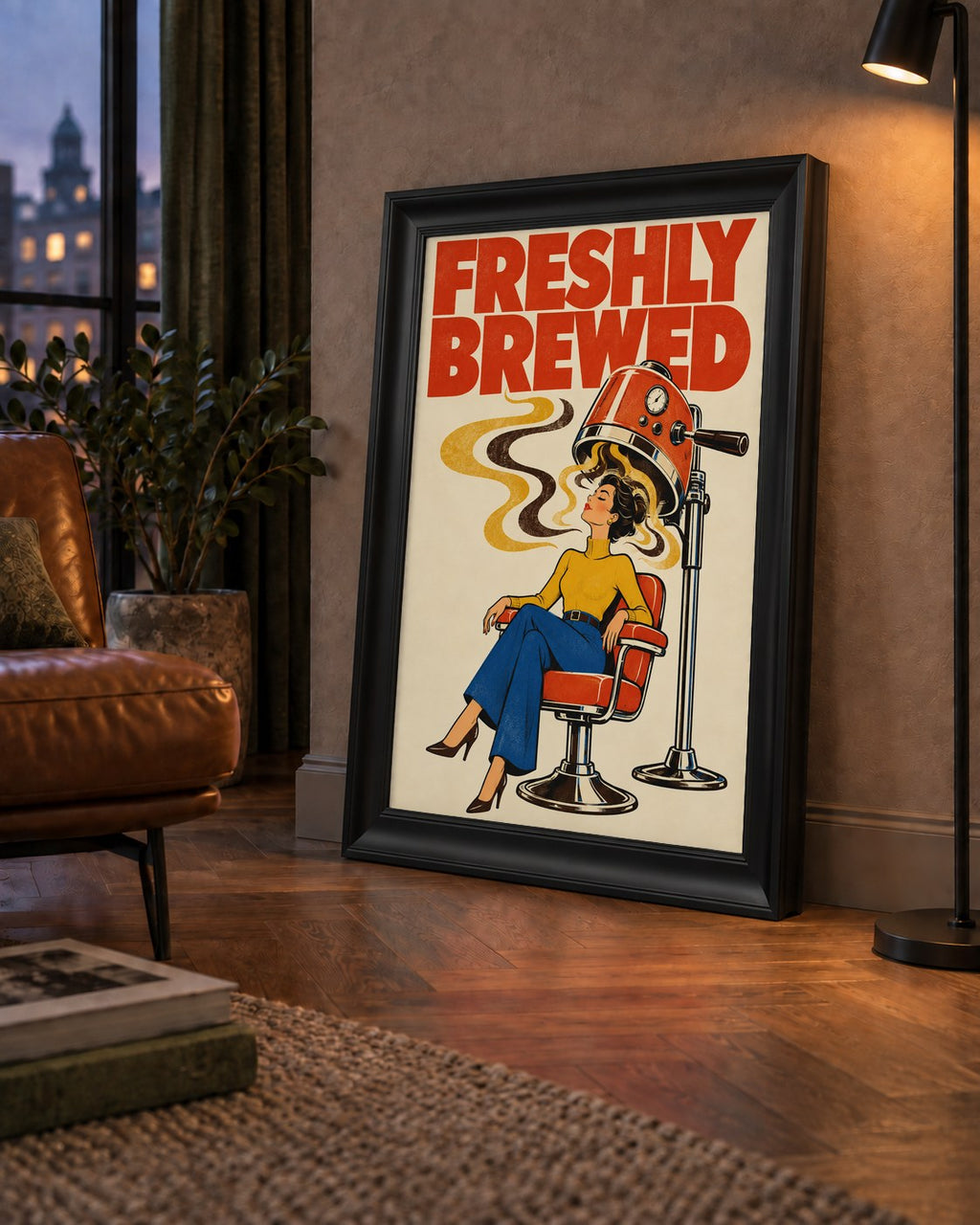 Freshly Brewed Retro Kahve Tipografi Poster — çerçeveli hâliyle bir ev duvarında