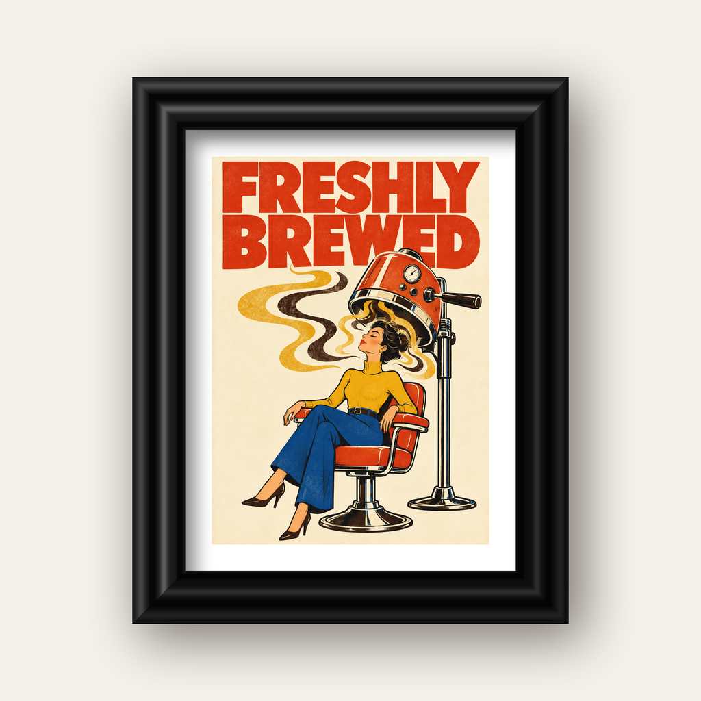 Freshly Brewed Retro Kahve Tipografi Poster — siyah galeri çerçeveli paspartulu