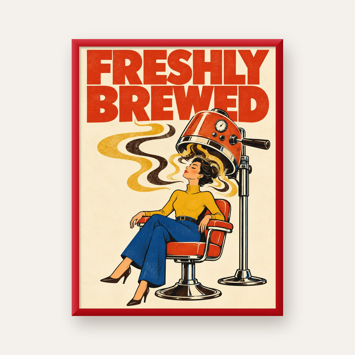 Freshly Brewed Retro Kahve Tipografi Poster — kırmızı çerçeveli