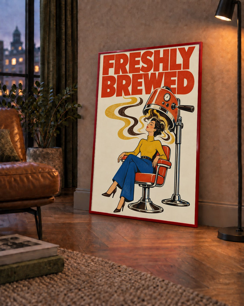 Freshly Brewed Retro Kahve Tipografi Poster — çerçeveli hâliyle bir ev duvarında