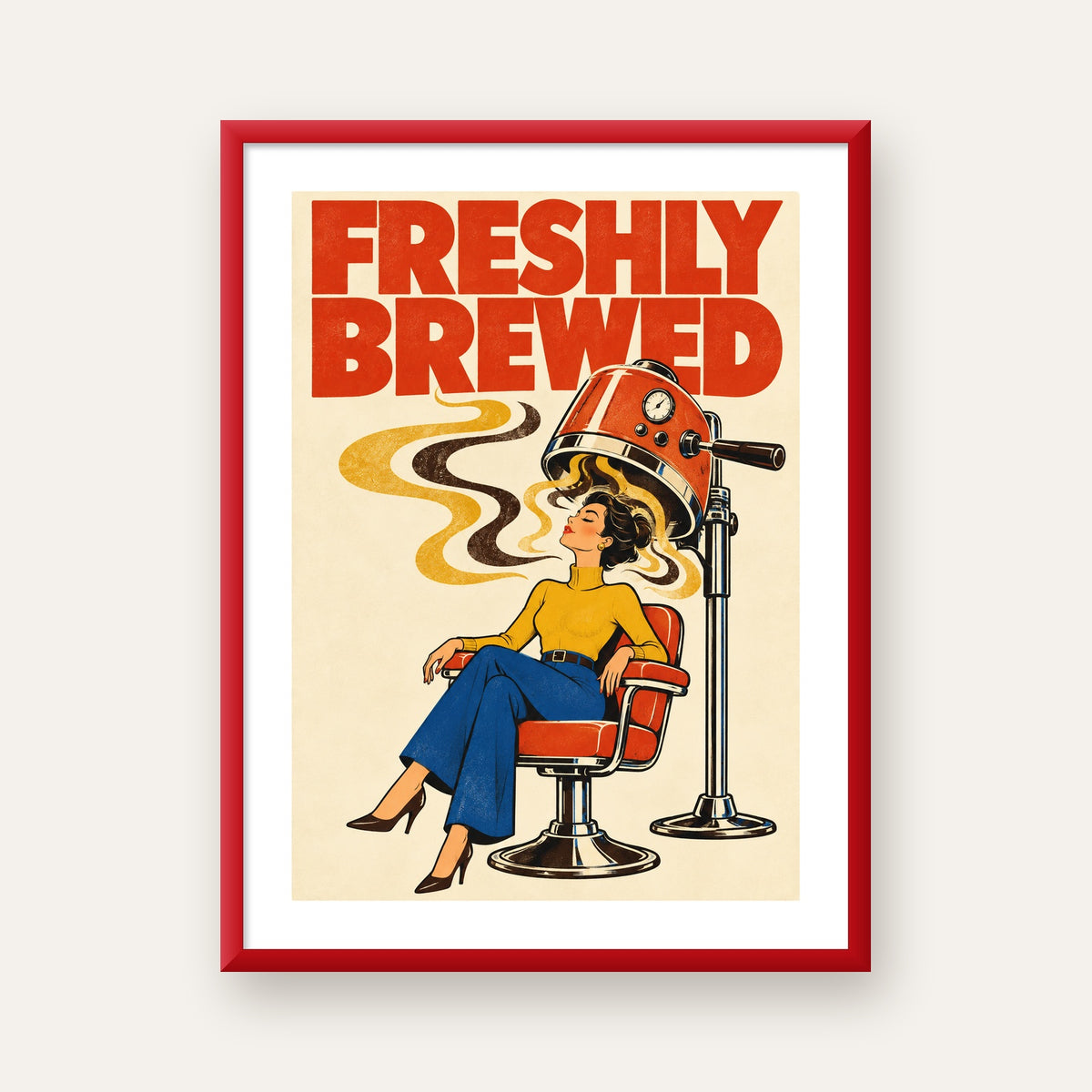 Freshly Brewed Retro Kahve Tipografi Poster — kırmızı çerçeveli paspartulu