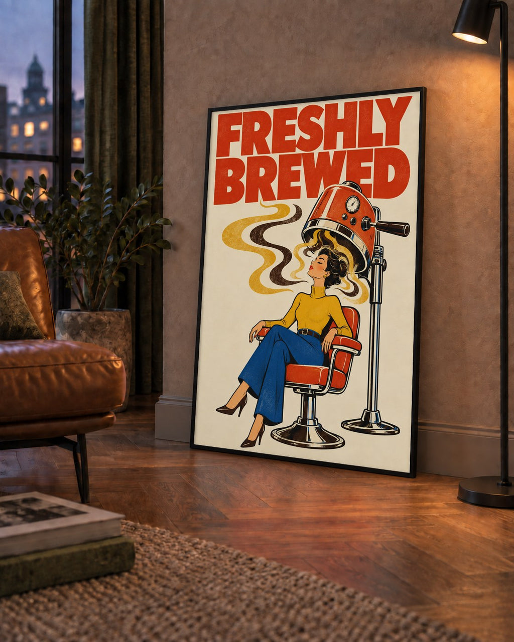 Freshly Brewed Retro Kahve Tipografi Poster — çerçeveli hâliyle bir ev duvarında