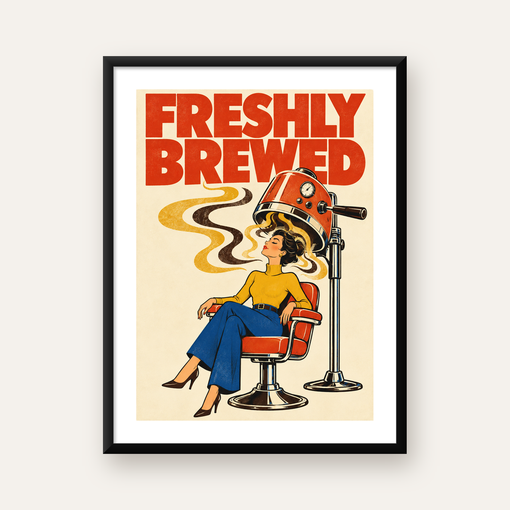 Retro Berber Koltuğu ve Kahve Temalı Poster – Freshly Brewed — Dikey baskı, beyaz kenar boşluklu