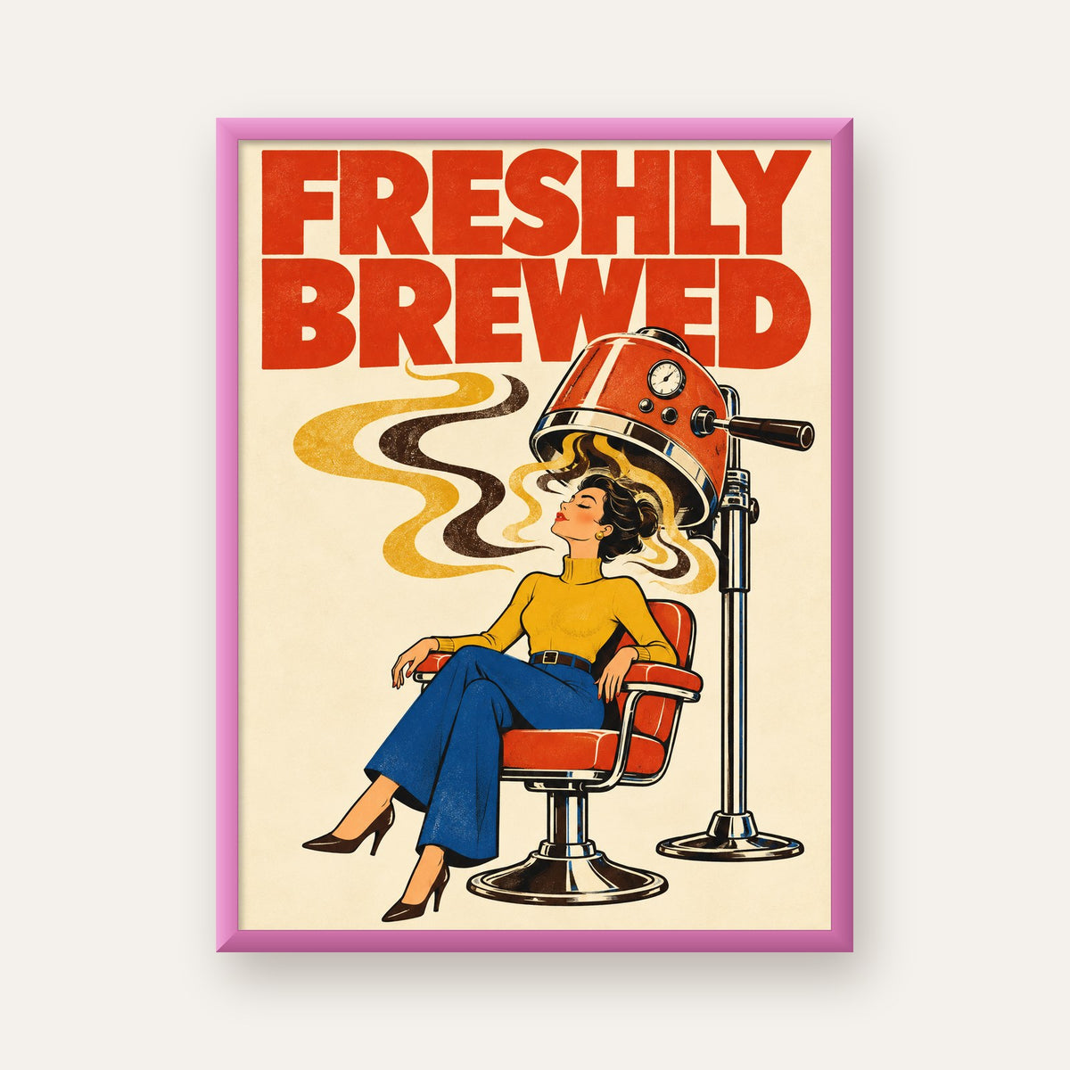 Freshly Brewed Retro Kahve Tipografi Poster — pembe çerçeveli