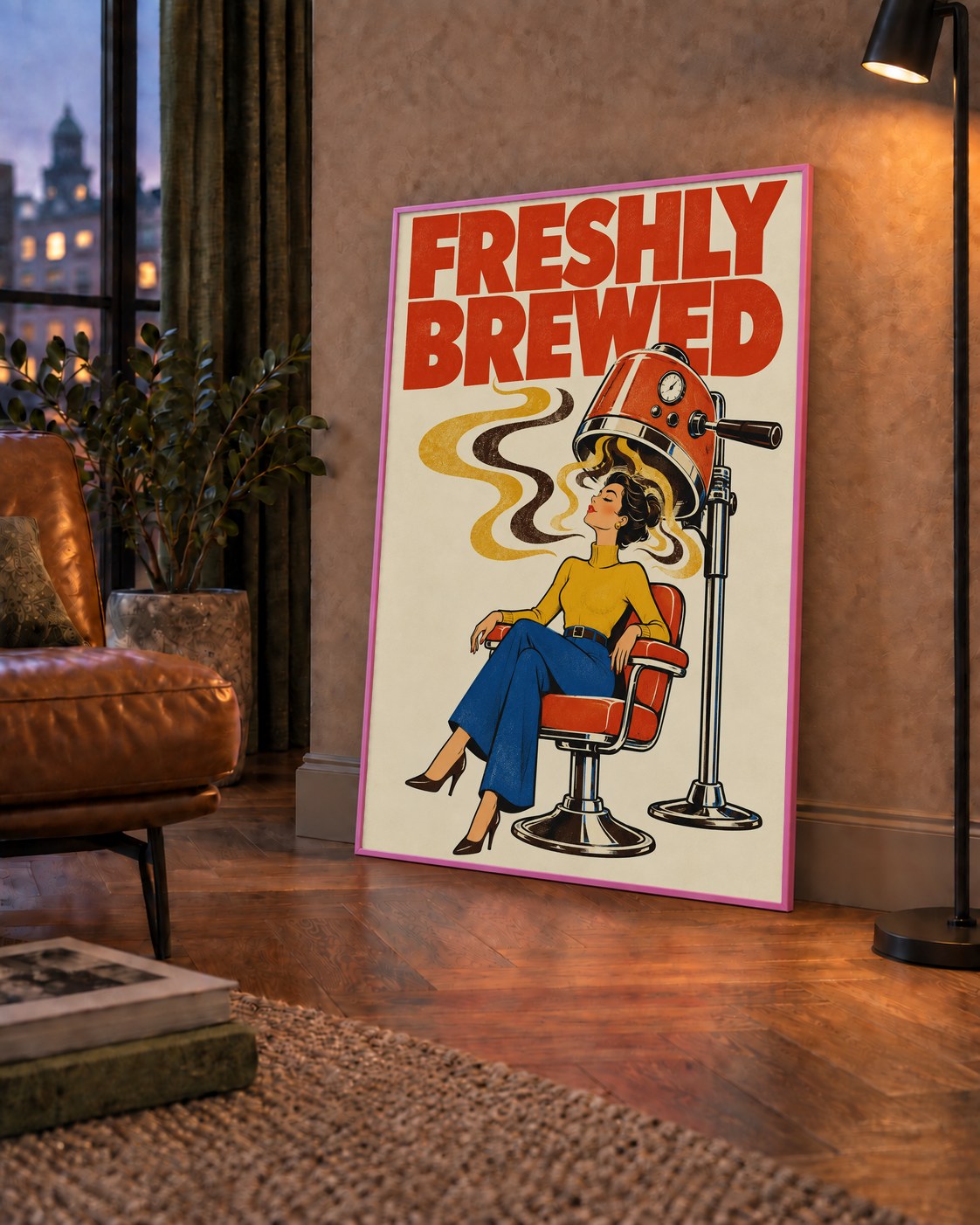 Freshly Brewed Retro Kahve Tipografi Poster — çerçeveli hâliyle bir ev duvarında