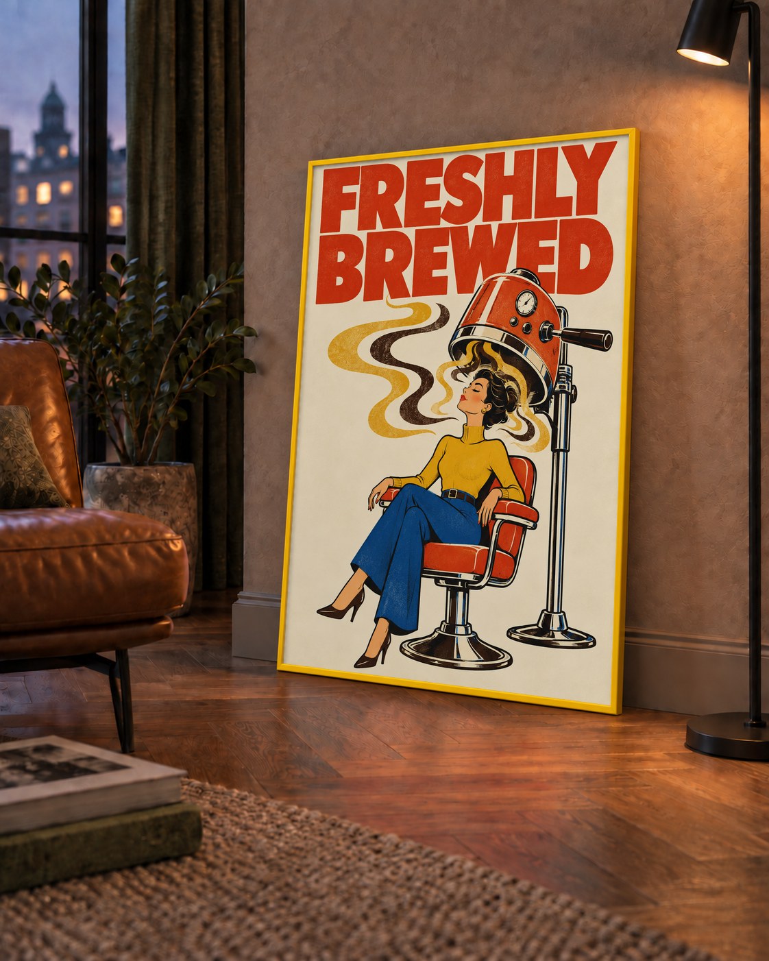 Freshly Brewed Retro Kahve Tipografi Poster — çerçeveli hâliyle bir ev duvarında