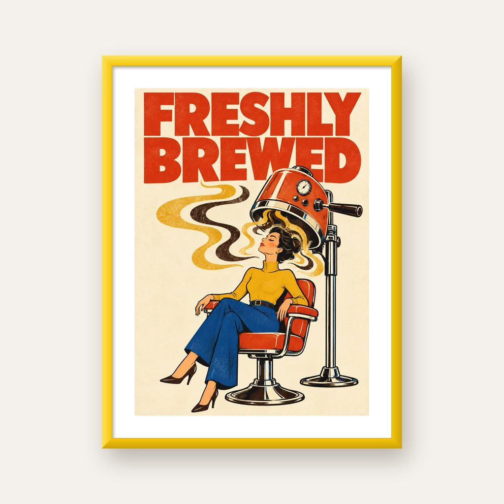 Freshly Brewed Retro Kahve Tipografi Poster — sarı çerçeveli paspartulu