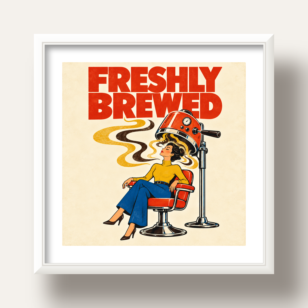 Freshly Brewed Retro Kahve Tipografi Poster — beyaz derin çerçeveli paspartulu