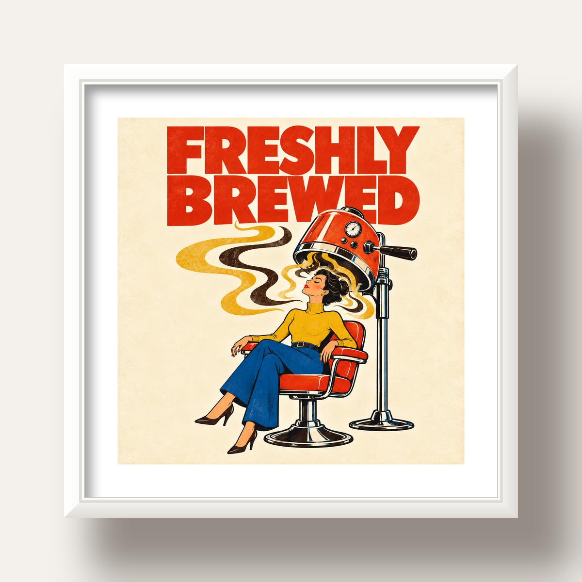 Freshly Brewed Retro Kahve Tipografi Poster — beyaz derin çerçeveli paspartulu