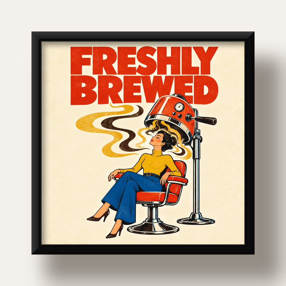 Freshly Brewed Retro Kahve Tipografi Poster — siyah derin çerçeveli
