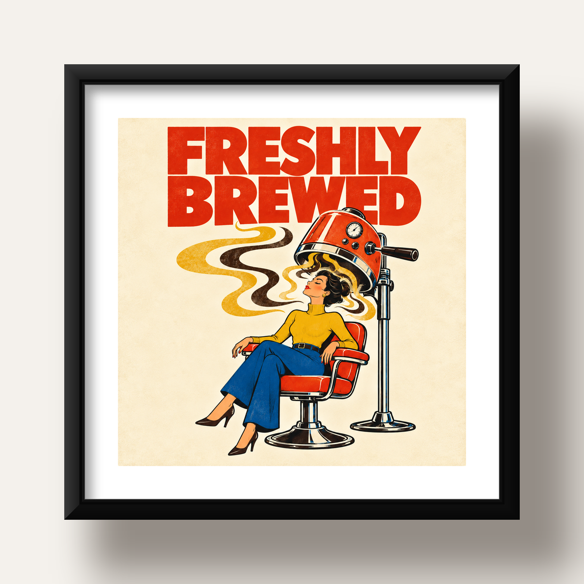 Freshly Brewed Retro Kahve Tipografi Poster — siyah derin çerçeveli paspartulu