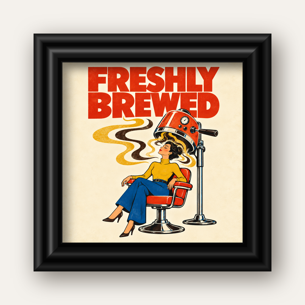 Freshly Brewed Retro Kahve Tipografi Poster — siyah galeri çerçeveli