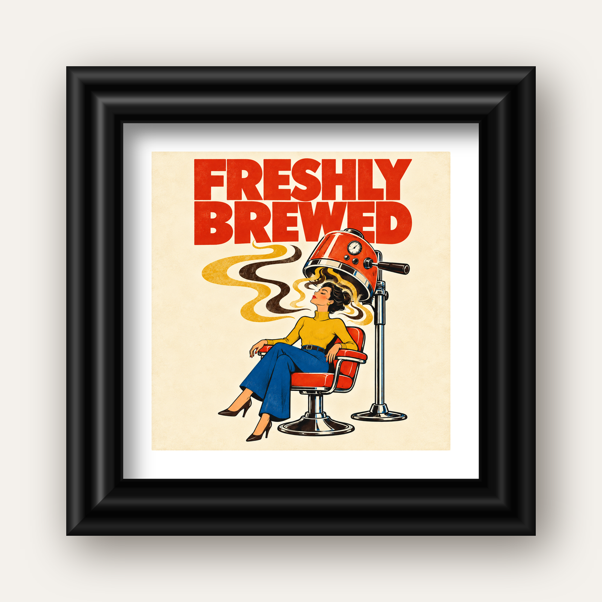 Freshly Brewed Retro Kahve Tipografi Poster — siyah galeri çerçeveli paspartulu