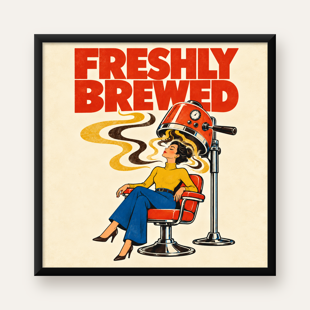 Retro Berber Koltuğu ve Kahve Temalı Poster – Freshly Brewed — Kare baskı, düz siyah çerçeveli duvar posteri