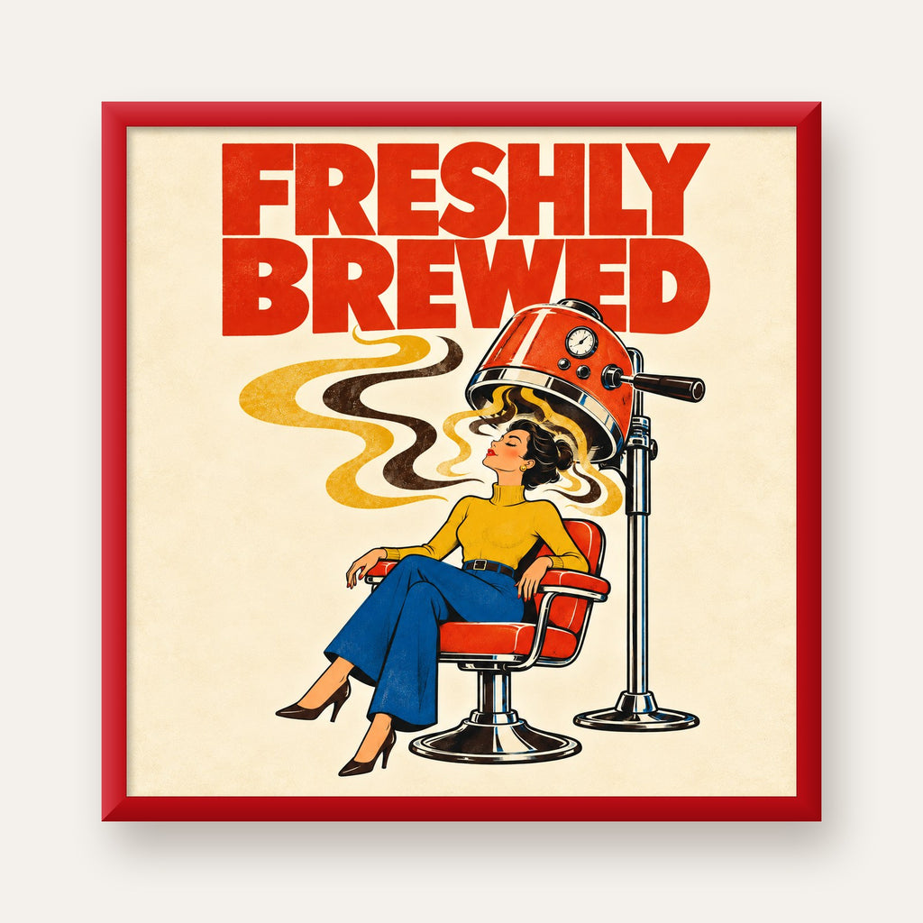 Freshly Brewed Retro Kahve Tipografi Poster — kırmızı çerçeveli