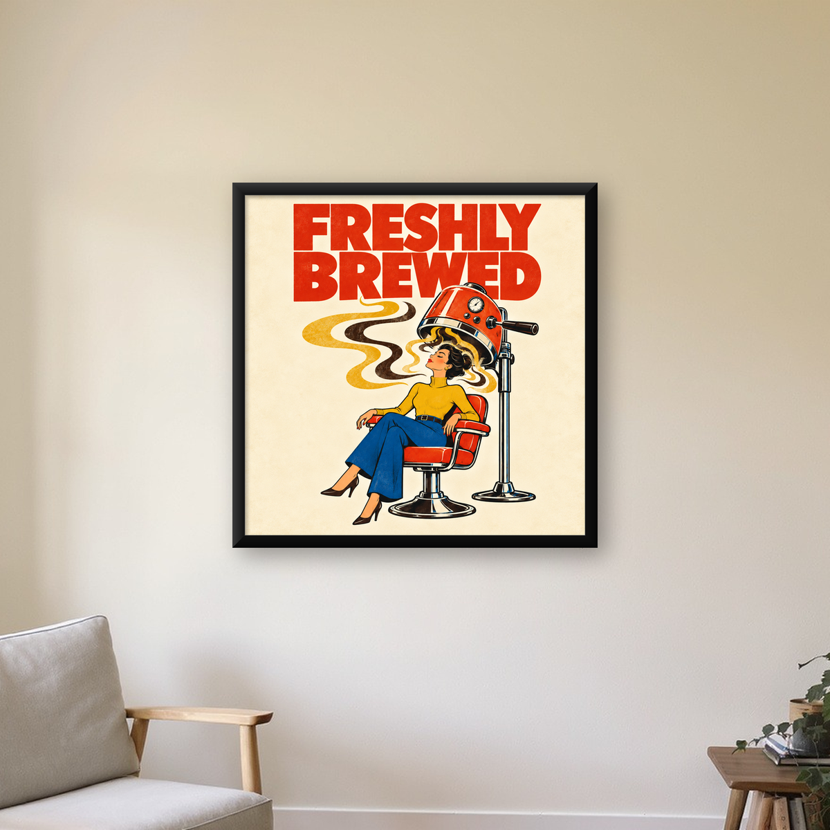 Retro Berber Koltuğu ve Kahve Temalı Poster – Freshly Brewed — Kare baskı, çerçeveli hâliyle bir ev duvarında