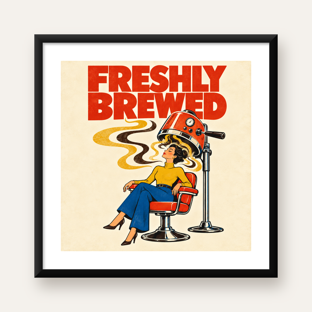 Retro Berber Koltuğu ve Kahve Temalı Poster – Freshly Brewed — Kare baskı, beyaz kenar boşluklu