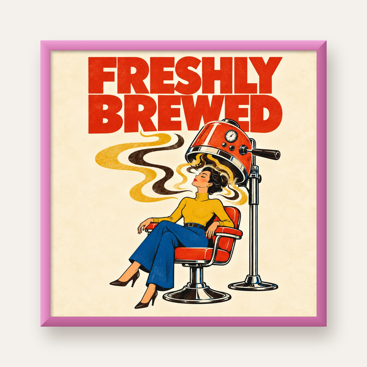 Freshly Brewed Retro Kahve Tipografi Poster — pembe çerçeveli