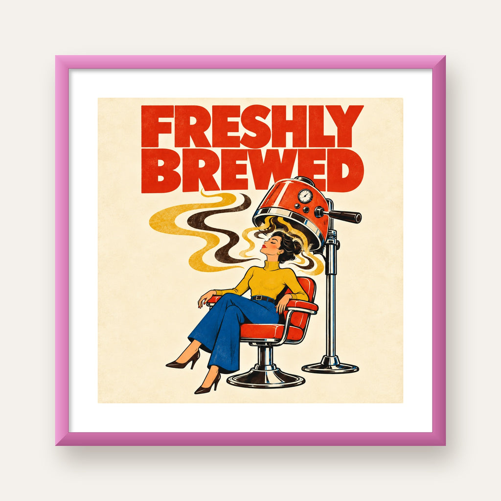 Freshly Brewed Retro Kahve Tipografi Poster — pembe çerçeveli paspartulu