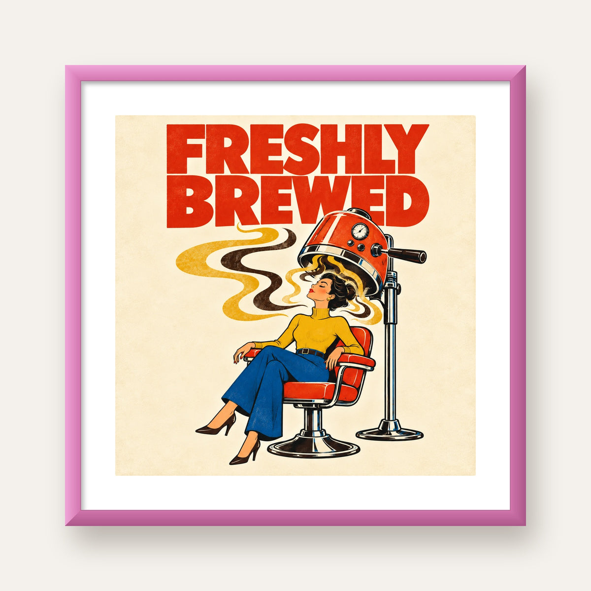 Freshly Brewed Retro Kahve Tipografi Poster — pembe çerçeveli paspartulu