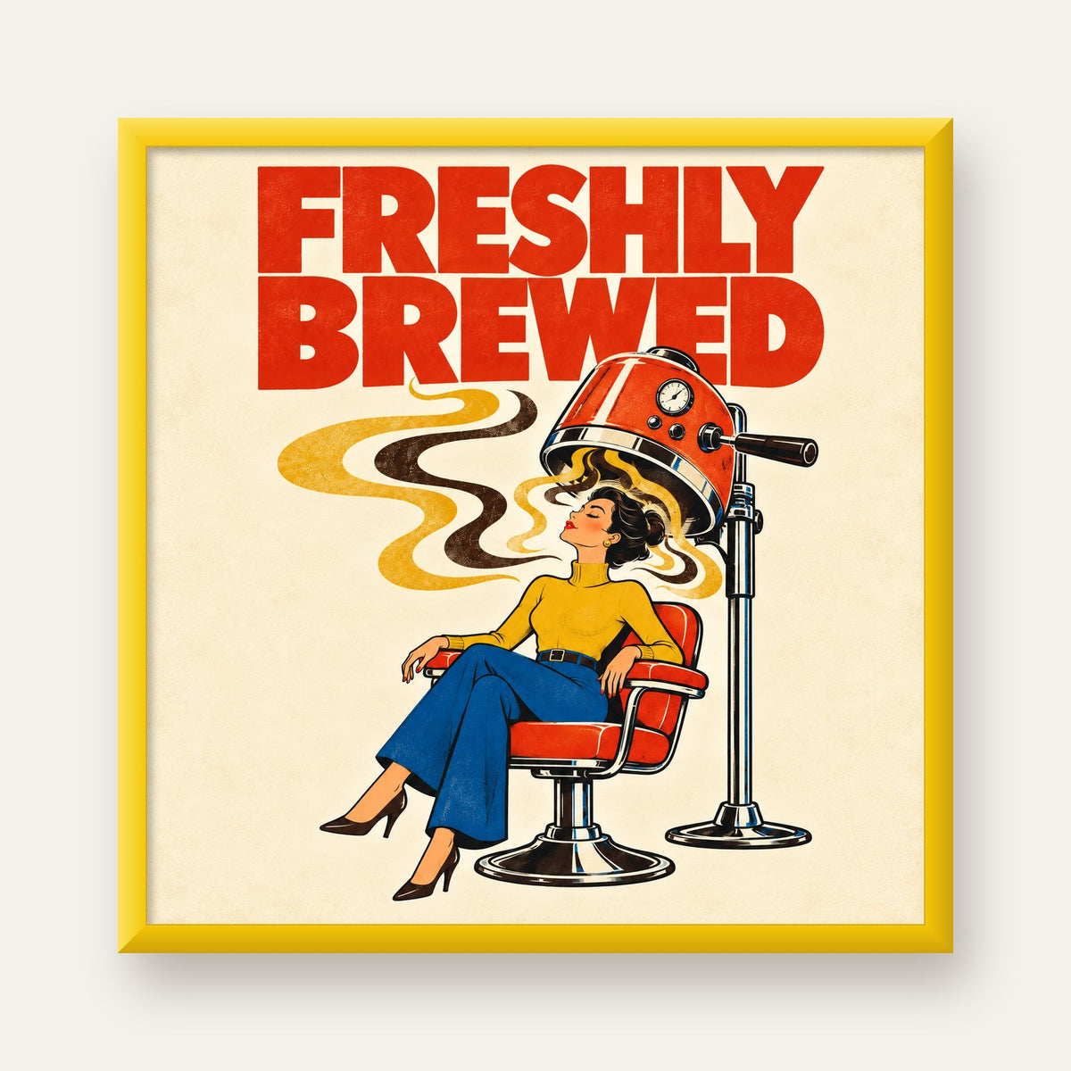 Freshly Brewed Retro Kahve Tipografi Poster — sarı çerçeveli