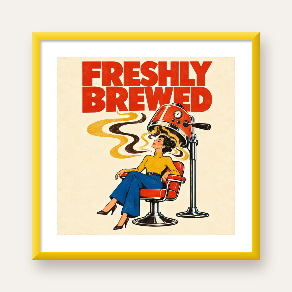Freshly Brewed Retro Kahve Tipografi Poster — sarı çerçeveli paspartulu