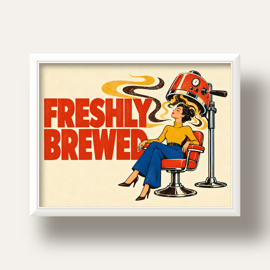 Freshly Brewed Retro Kahve Tipografi Poster — beyaz derin çerçeveli