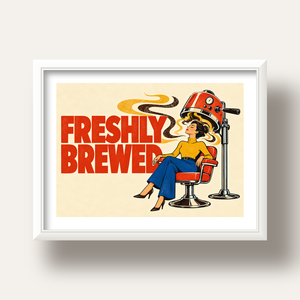 Freshly Brewed Retro Kahve Tipografi Poster — beyaz derin çerçeveli paspartulu