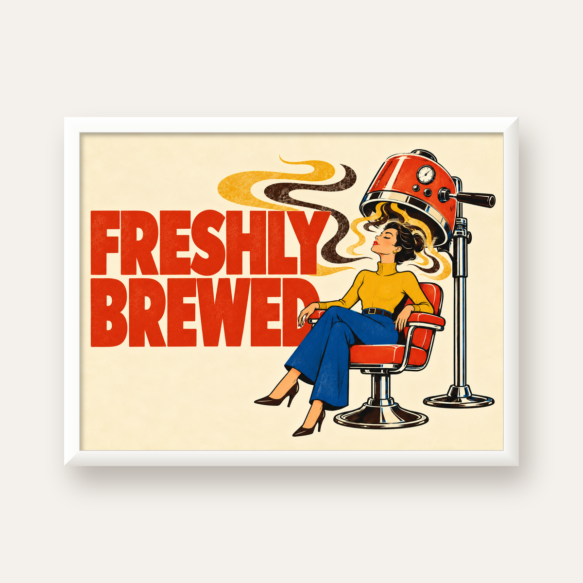 Freshly Brewed Retro Kahve Tipografi Poster — beyaz çerçeveli yatay poster