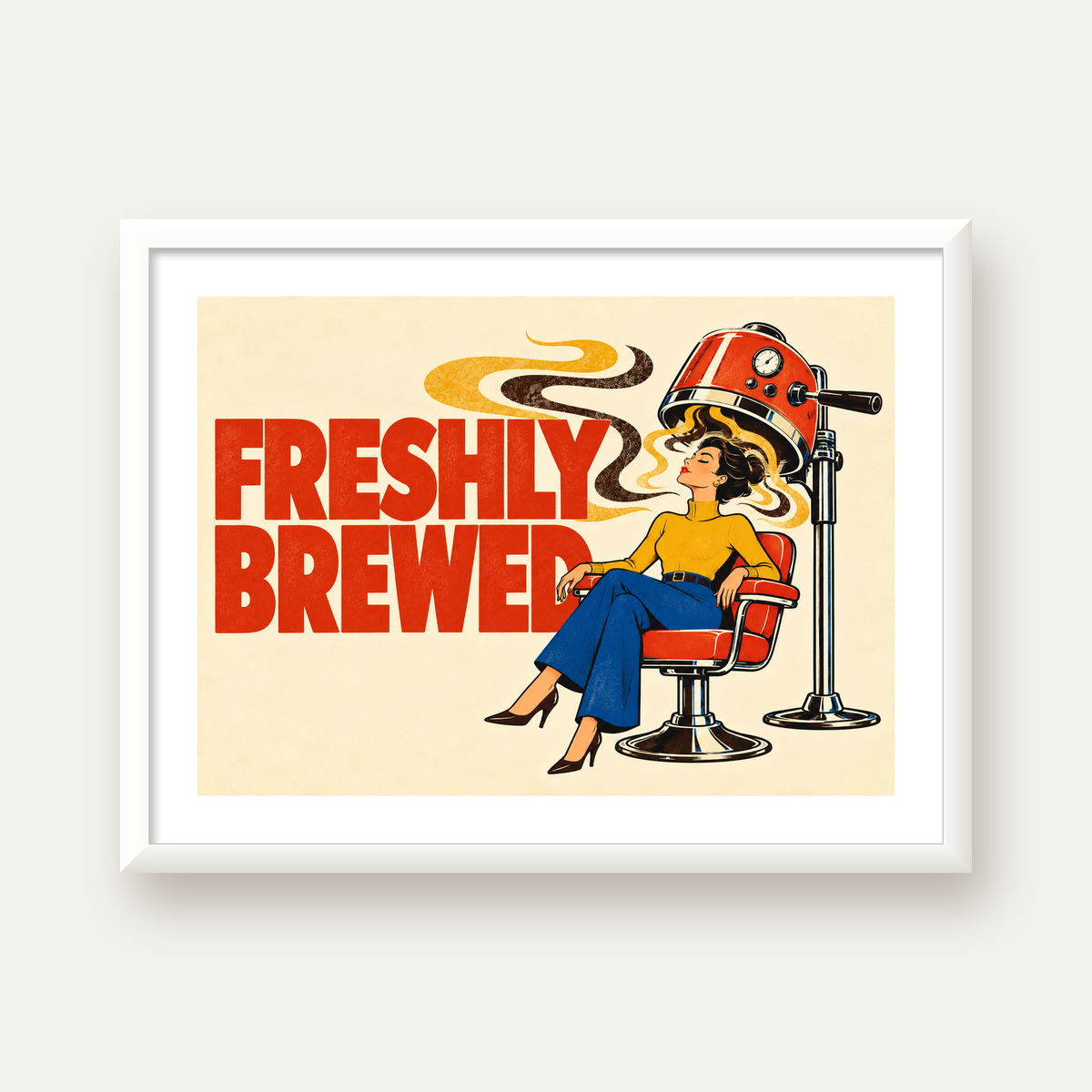 Freshly Brewed Retro Kahve Tipografi Poster — beyaz çerçeveli yatay poster