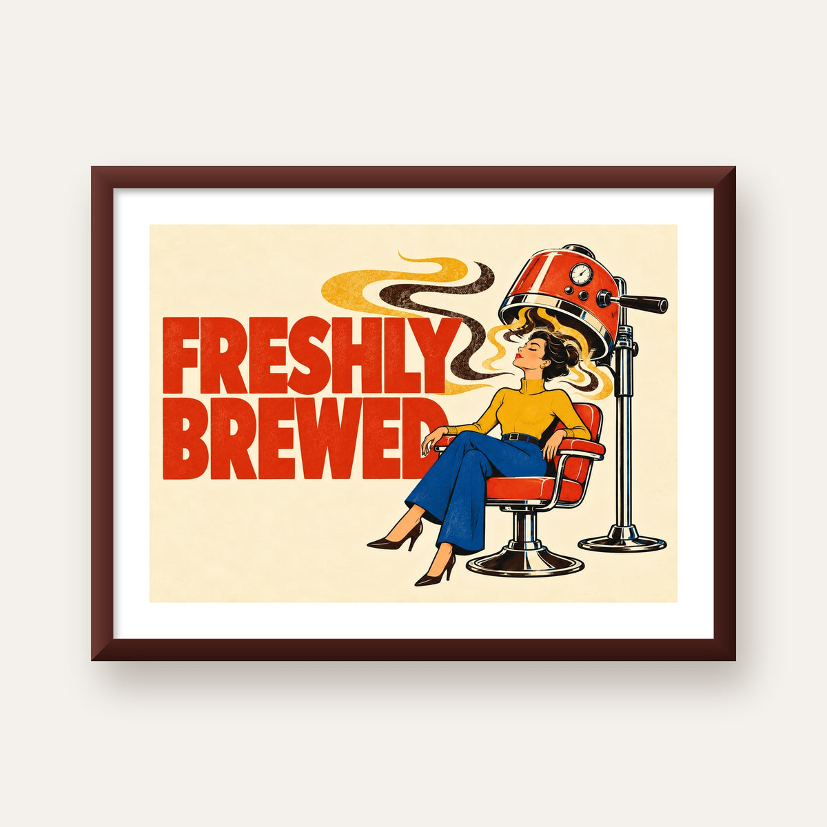 Freshly Brewed Retro Kahve Tipografi Poster — ceviz çerçeveli paspartulu