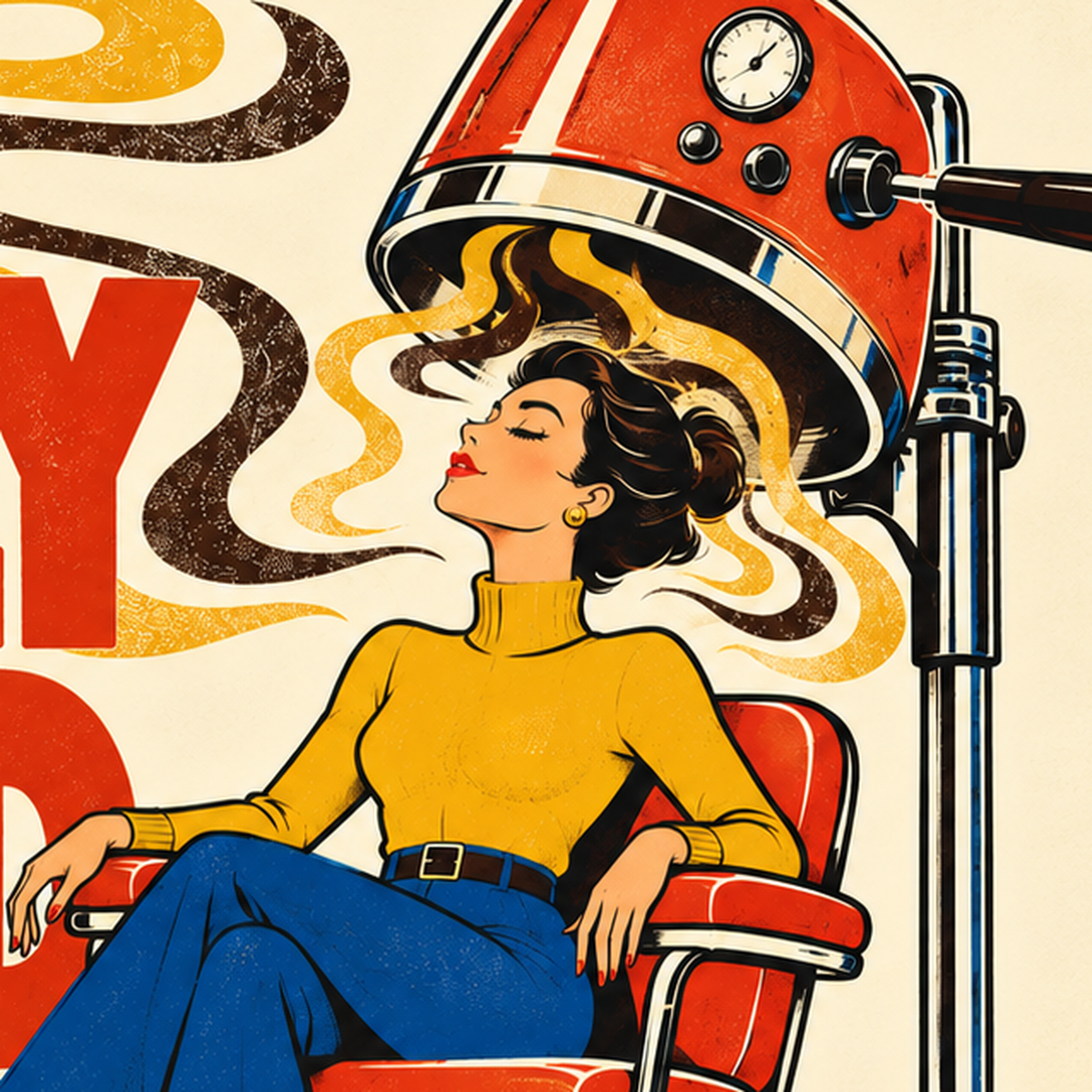 Retro Berber Koltuğu ve Kahve Temalı Poster – Freshly Brewed — baskının yakın çekimi, kâğıt dokusu ve renk detayı