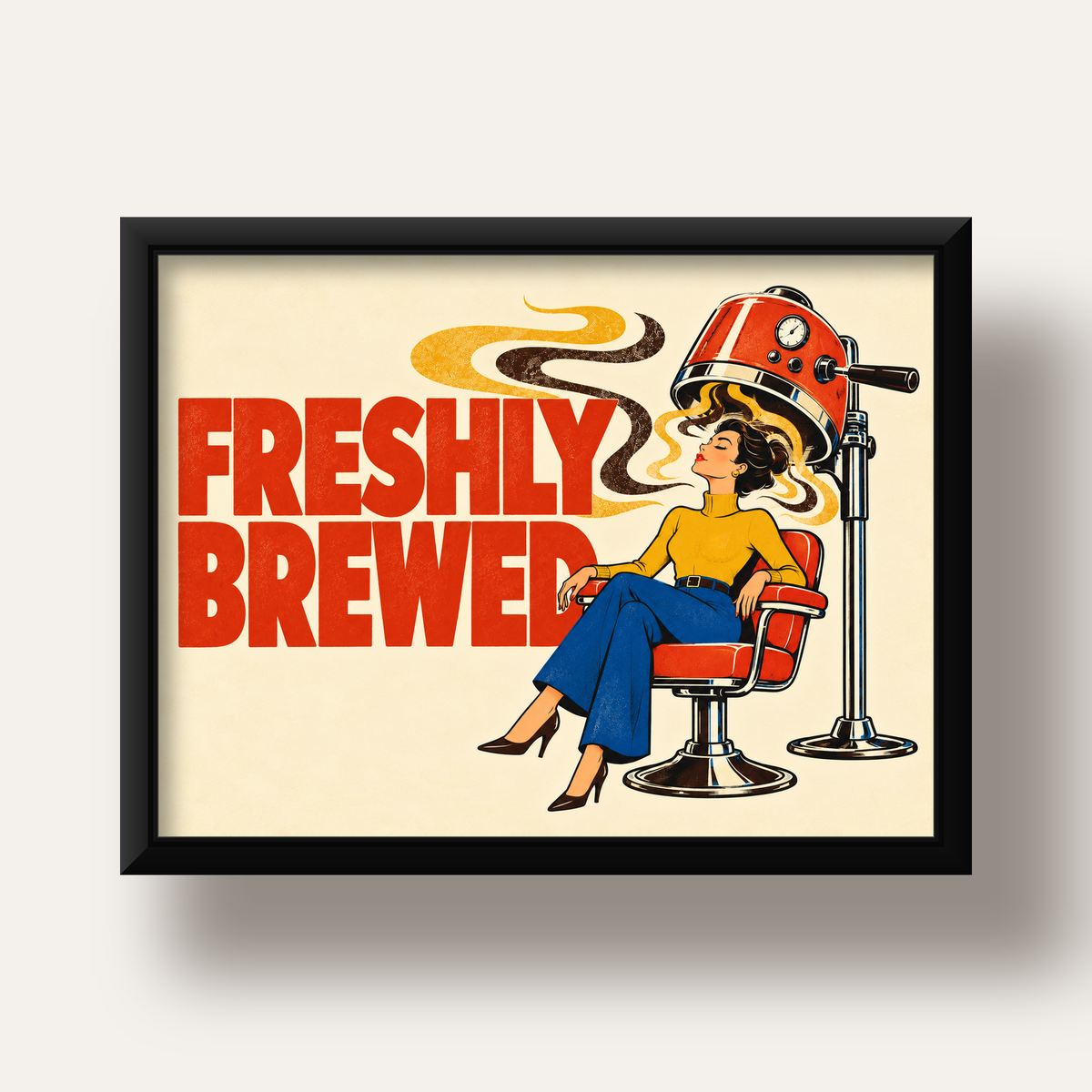 Freshly Brewed Retro Kahve Tipografi Poster — siyah derin çerçeveli