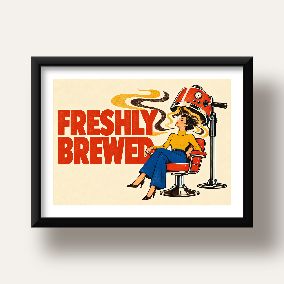 Freshly Brewed Retro Kahve Tipografi Poster — siyah derin çerçeveli paspartulu