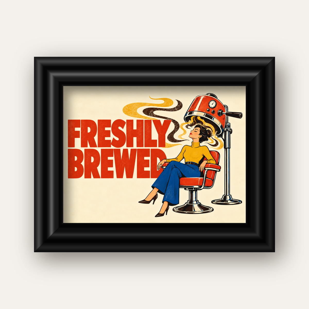 Freshly Brewed Retro Kahve Tipografi Poster — siyah galeri çerçeveli