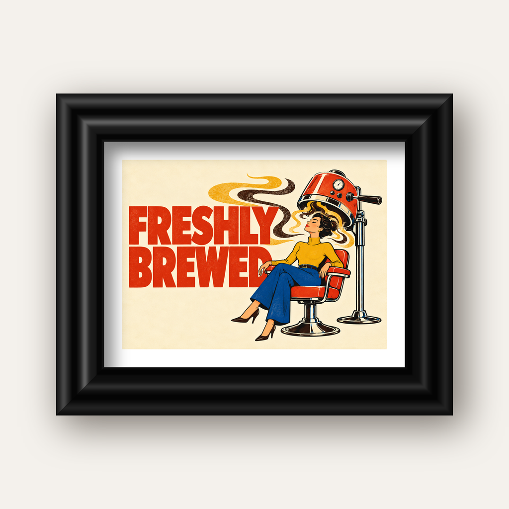 Freshly Brewed Retro Kahve Tipografi Poster — siyah galeri çerçeveli paspartulu