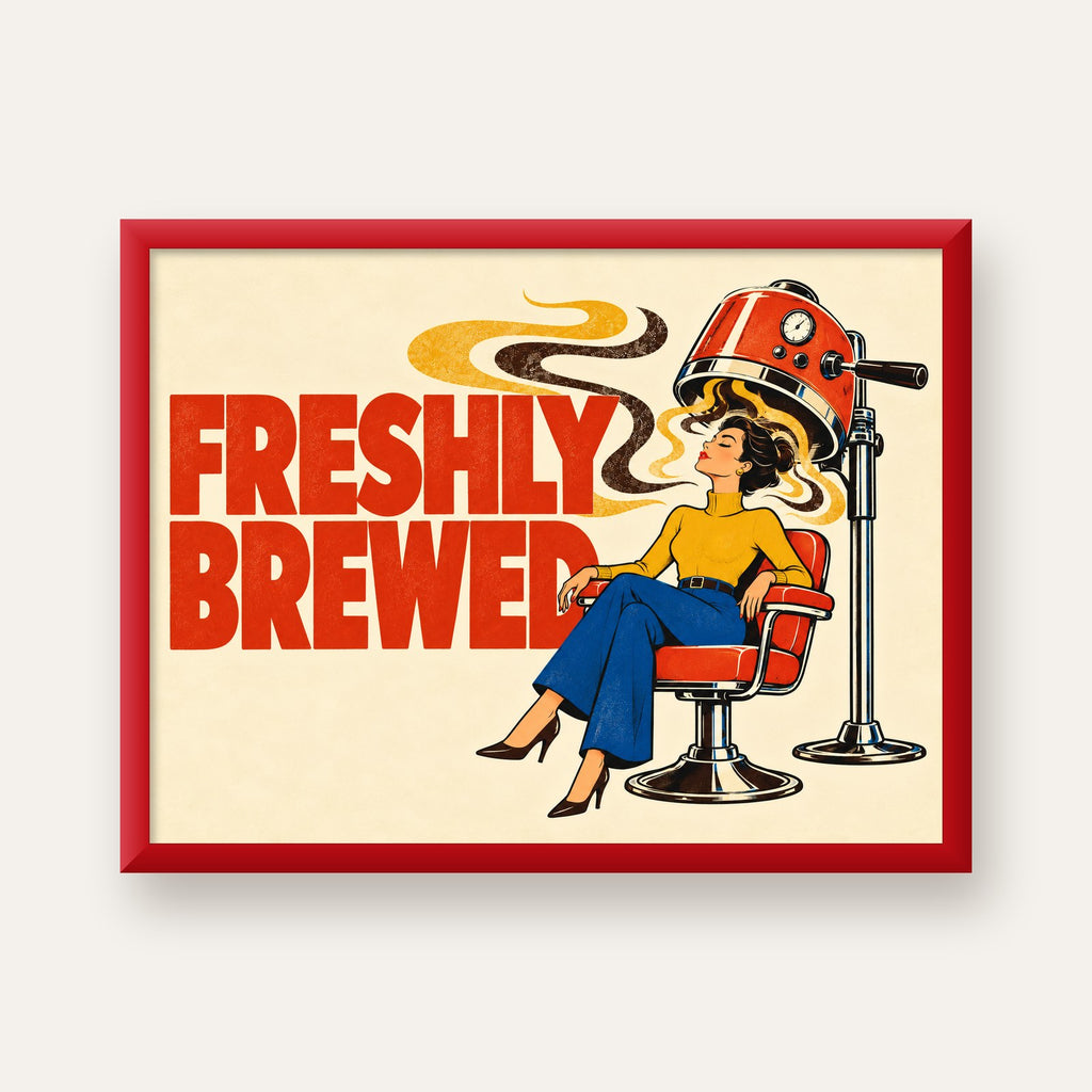Freshly Brewed Retro Kahve Tipografi Poster — kırmızı çerçeveli