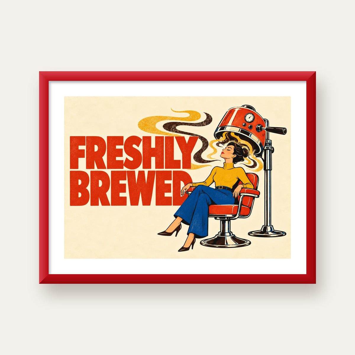 Freshly Brewed Retro Kahve Tipografi Poster — kırmızı çerçeveli paspartulu
